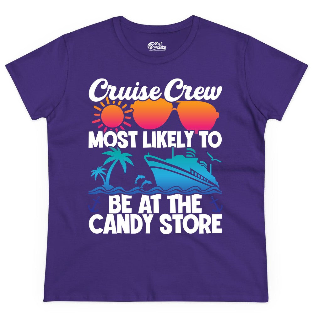 Cruise Crew Shirt - Fun Tropical Cruise Vacation Apparel for Groups (Ladies Tee) in Purple - Cruise Crew Most Likely To Be At The Candy Store Tropical Shirt