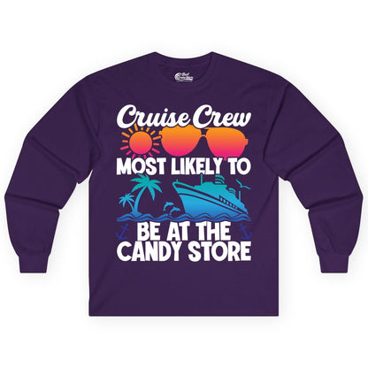 Cruise Crew Shirt - Fun Tropical Cruise Vacation Apparel for Groups (Long Sleeve) in Purple - Cruise Crew Most Likely To Be At The Candy Store Tropical Shirt