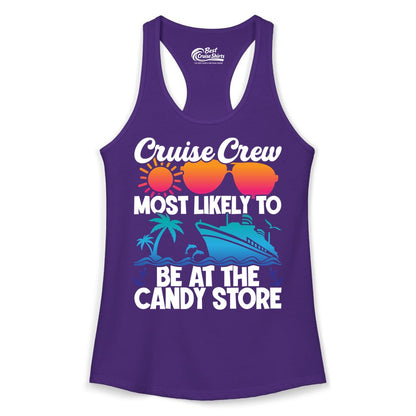 Cruise Crew Shirt - Fun Tropical Cruise Vacation Apparel for Groups (Ladies Tank) in Solid Purple Rush - Cruise Crew Most Likely To Be At The Candy Store Tropical Shirt