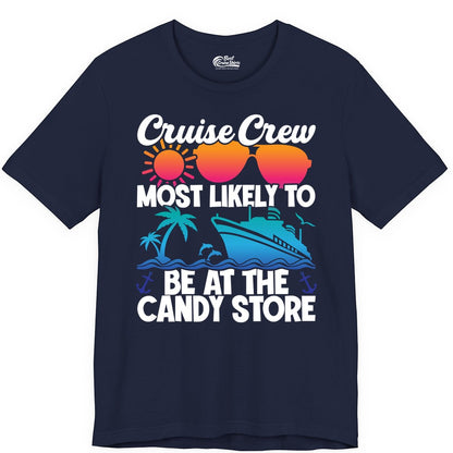 Cruise Crew Shirt - Fun Tropical Cruise Vacation Apparel for Groups (Premium Tee) in Navy - Cruise Crew Most Likely To Be At The Candy Store Tropical Shirt