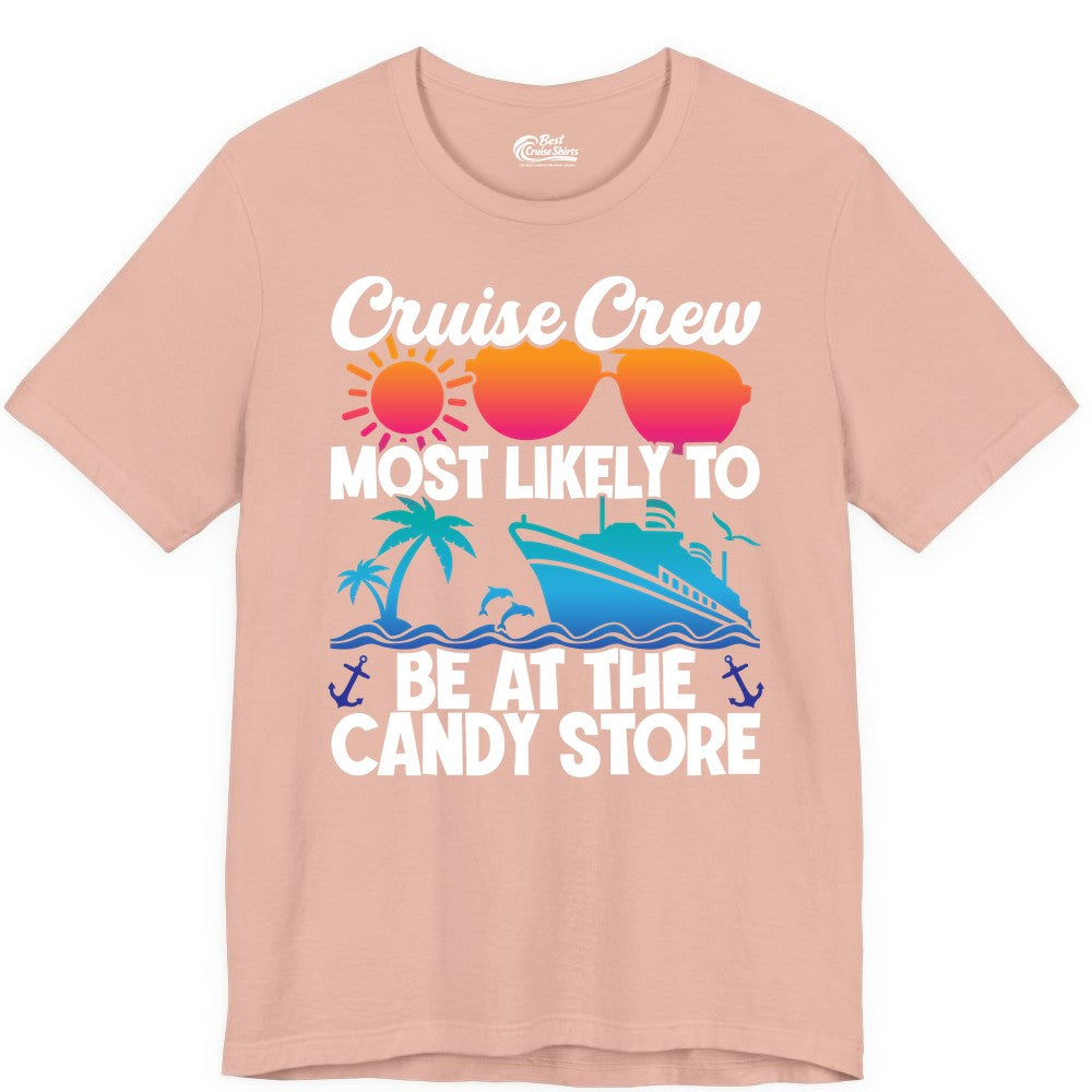 Cruise Crew Shirt - Fun Tropical Cruise Vacation Apparel for Groups (Premium Tee) in Peach - Cruise Crew Most Likely To Be At The Candy Store Tropical Shirt