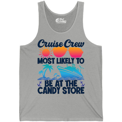 Cruise Crew Shirt - Fun Tropical Cruise Vacation Apparel for Groups (Tank Top) in Athletic Heather - Cruise Crew Most Likely To Be At The Candy Store Tropical Shirt