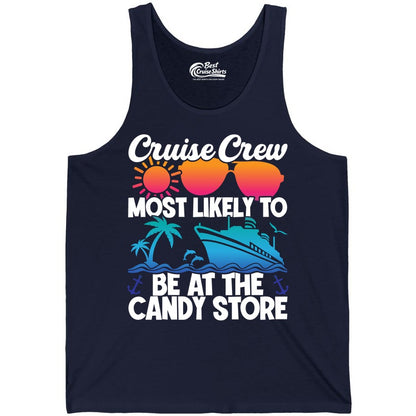 Cruise Crew Shirt - Fun Tropical Cruise Vacation Apparel for Groups (Tank Top) in Navy - Cruise Crew Most Likely To Be At The Candy Store Tropical Shirt
