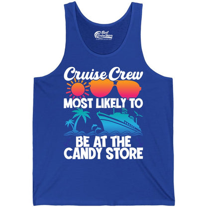Cruise Crew Shirt - Fun Tropical Cruise Vacation Apparel for Groups (Tank Top) in True Royal - Cruise Crew Most Likely To Be At The Candy Store Tropical Shirt