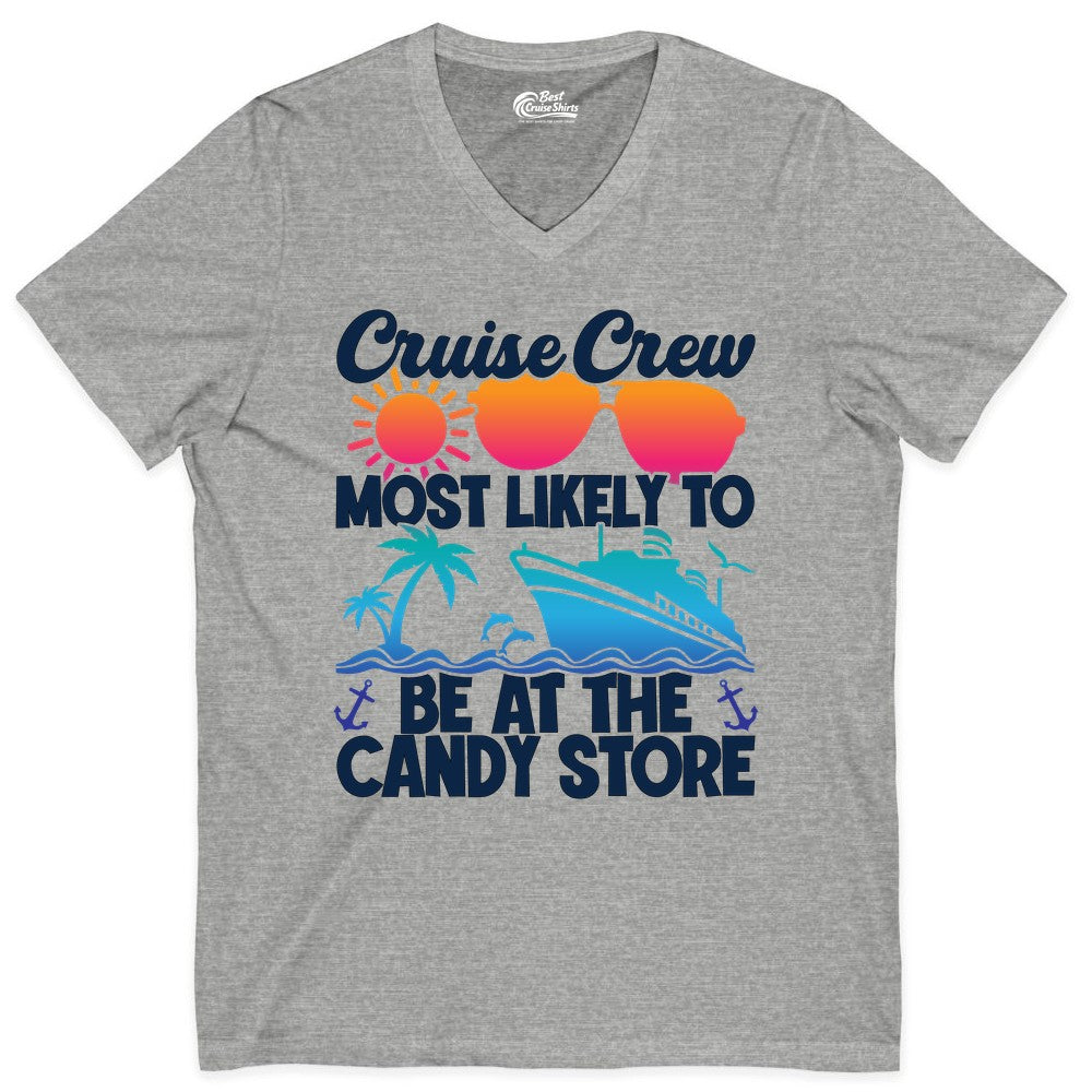 Cruise Crew Shirt - Fun Tropical Cruise Vacation Apparel for Groups (V-Neck) in Athletic Heather - Cruise Crew Most Likely To Be At The Candy Store Tropical Shirt