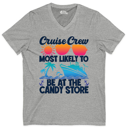 Cruise Crew Shirt - Fun Tropical Cruise Vacation Apparel for Groups (V-Neck) in Athletic Heather - Cruise Crew Most Likely To Be At The Candy Store Tropical Shirt