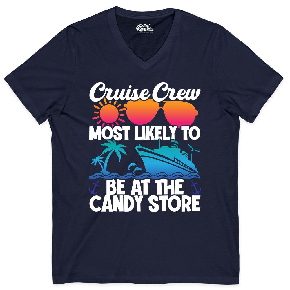 Cruise Crew Shirt - Fun Tropical Cruise Vacation Apparel for Groups (V-Neck) in Navy - Cruise Crew Most Likely To Be At The Candy Store Tropical Shirt