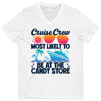Cruise Crew Shirt - Fun Tropical Cruise Vacation Apparel for Groups (V-Neck) in White - Cruise Crew Most Likely To Be At The Candy Store Tropical Shirt