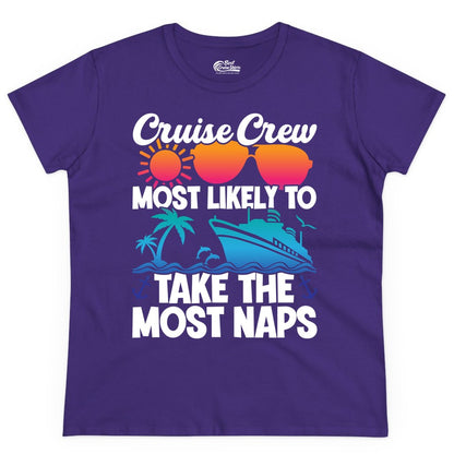 Cruise Crew Shirt - Funny Vacation Nap Shirt for Cruise Squad (Ladies Tee) in Purple - Cruise Crew Most Likely To Take The Most Naps Funny Vacation Shirt
