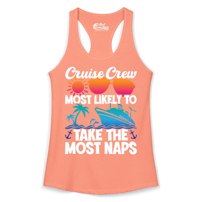 Cruise Crew Shirt - Funny Vacation Nap Shirt for Cruise Squad (Ladies Tank) in Solid Light Orange - Cruise Crew Most Likely To Take The Most Naps Funny Vacation Shirt