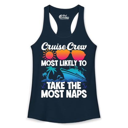 Cruise Crew Shirt - Funny Vacation Nap Shirt for Cruise Squad (Ladies Tank) in Solid Midnight Navy - Cruise Crew Most Likely To Take The Most Naps Funny Vacation Shirt