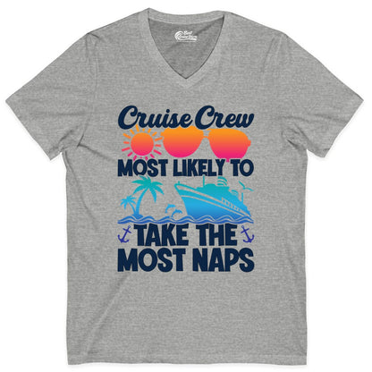 Cruise Crew Shirt - Funny Vacation Nap Shirt for Cruise Squad (V-Neck) in Athletic Heather - Cruise Crew Most Likely To Take The Most Naps Funny Vacation Shirt