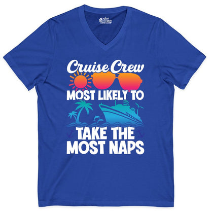 Cruise Crew Shirt - Funny Vacation Nap Shirt for Cruise Squad (V-Neck) in True Royal - Cruise Crew Most Likely To Take The Most Naps Funny Vacation Shirt