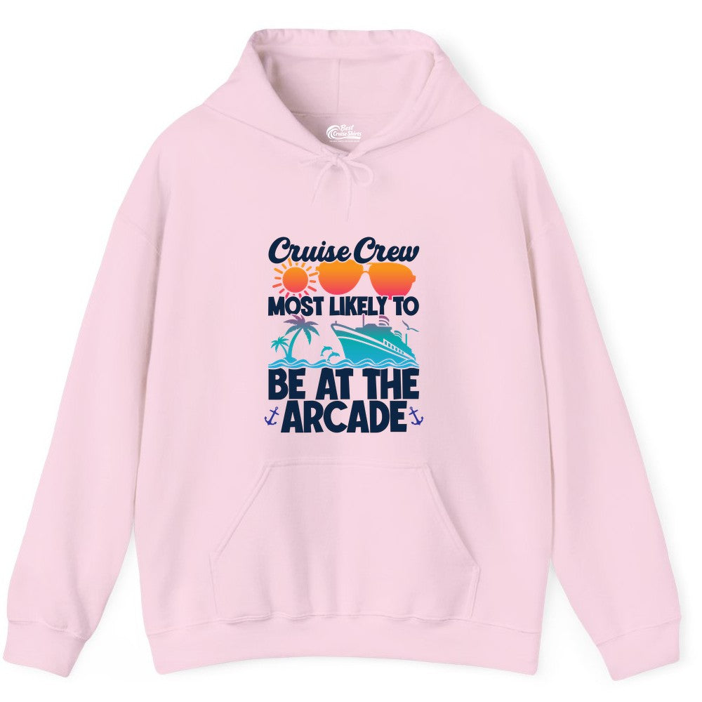 Cruise Crew Shirt - Funny Arcade Lover Vacation Group Tee (Hoodie) in Light Pink - Cruise Crew Most Likely To Be At The Arcade Shirt Tropical Fun