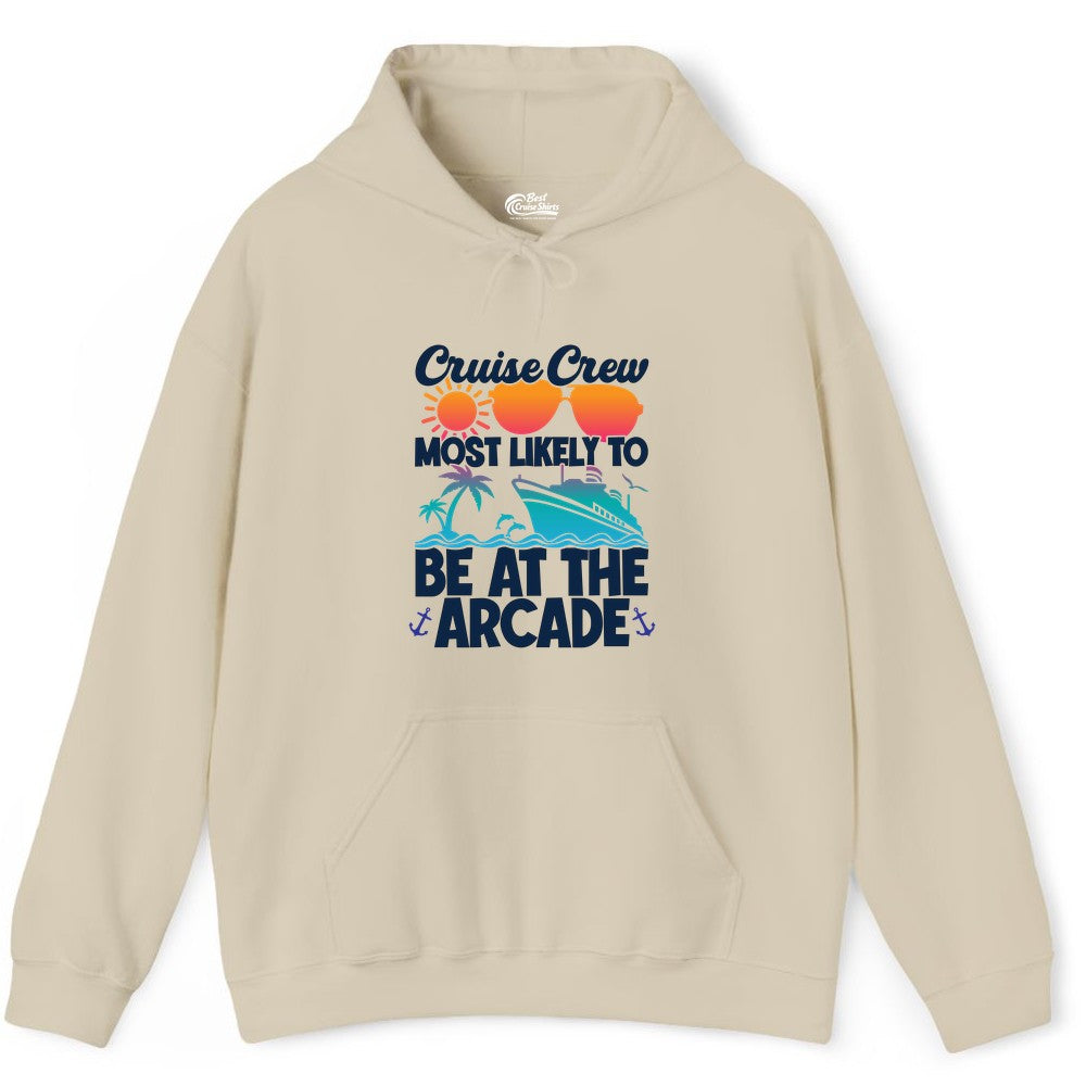 Cruise Crew Shirt - Funny Arcade Lover Vacation Group Tee (Hoodie) in Sand - Cruise Crew Most Likely To Be At The Arcade Shirt Tropical Fun