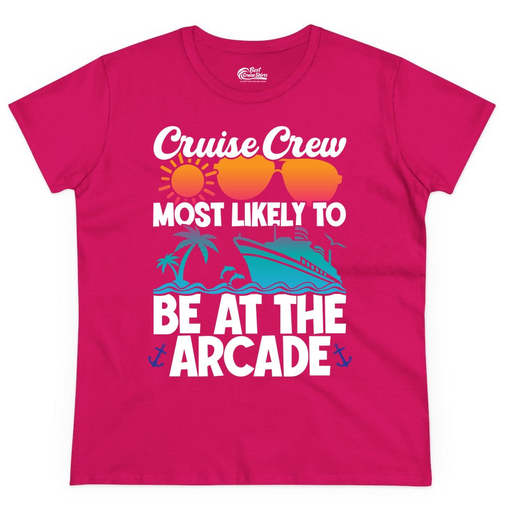 Cruise Crew Shirt - Funny Arcade Lover Vacation Group Tee (Ladies Tee) in Heliconia - Cruise Crew Most Likely To Be At The Arcade Shirt Tropical Fun