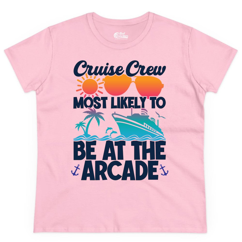 Cruise Crew Shirt - Funny Arcade Lover Vacation Group Tee (Ladies Tee) in Light Pink - Cruise Crew Most Likely To Be At The Arcade Shirt Tropical Fun