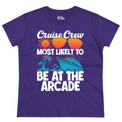 Cruise Crew Shirt - Funny Arcade Lover Vacation Group Tee (Ladies Tee) in Purple - Cruise Crew Most Likely To Be At The Arcade Shirt Tropical Fun