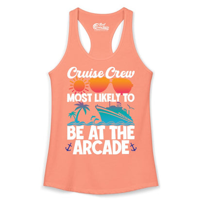 Cruise Crew Shirt - Funny Arcade Lover Vacation Group Tee (Ladies Tank) in Solid Light Orange - Cruise Crew Most Likely To Be At The Arcade Shirt Tropical Fun