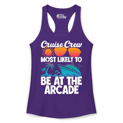 Cruise Crew Shirt - Funny Arcade Lover Vacation Group Tee (Ladies Tank) in Solid Purple Rush - Cruise Crew Most Likely To Be At The Arcade Shirt Tropical Fun
