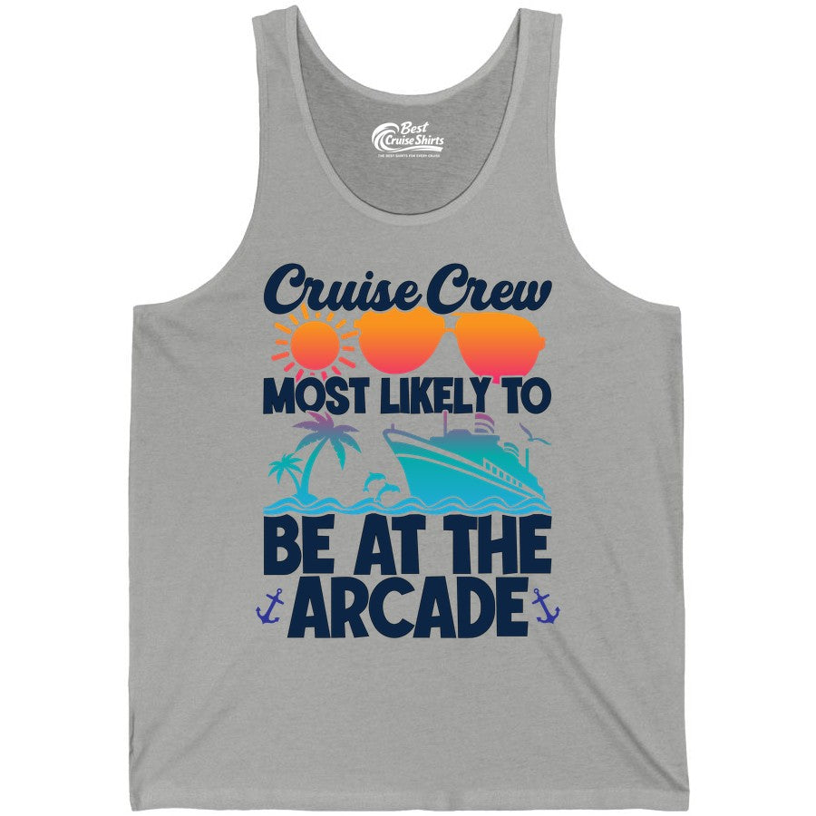 Cruise Crew Shirt - Funny Arcade Lover Vacation Group Tee (Tank Top) in Athletic Heather - Cruise Crew Most Likely To Be At The Arcade Shirt Tropical Fun