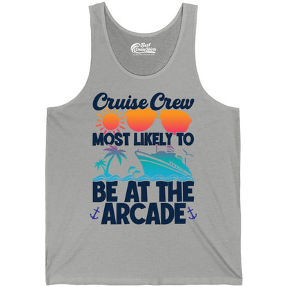 Cruise Crew Shirt - Funny Arcade Lover Vacation Group Tee (Tank Top) in Athletic Heather - Cruise Crew Most Likely To Be At The Arcade Shirt Tropical Fun