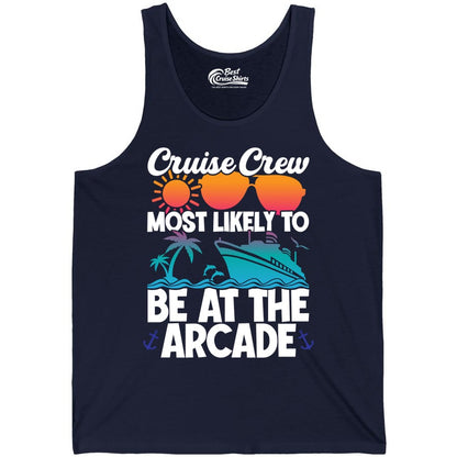 Cruise Crew Shirt - Funny Arcade Lover Vacation Group Tee (Tank Top) in Navy - Cruise Crew Most Likely To Be At The Arcade Shirt Tropical Fun