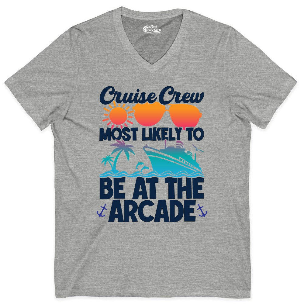 Cruise Crew Shirt - Funny Arcade Lover Vacation Group Tee (V-Neck) in Athletic Heather - Cruise Crew Most Likely To Be At The Arcade Shirt Tropical Fun