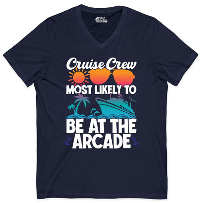 Cruise Crew Shirt - Funny Arcade Lover Vacation Group Tee (V-Neck) in Navy - Cruise Crew Most Likely To Be At The Arcade Shirt Tropical Fun