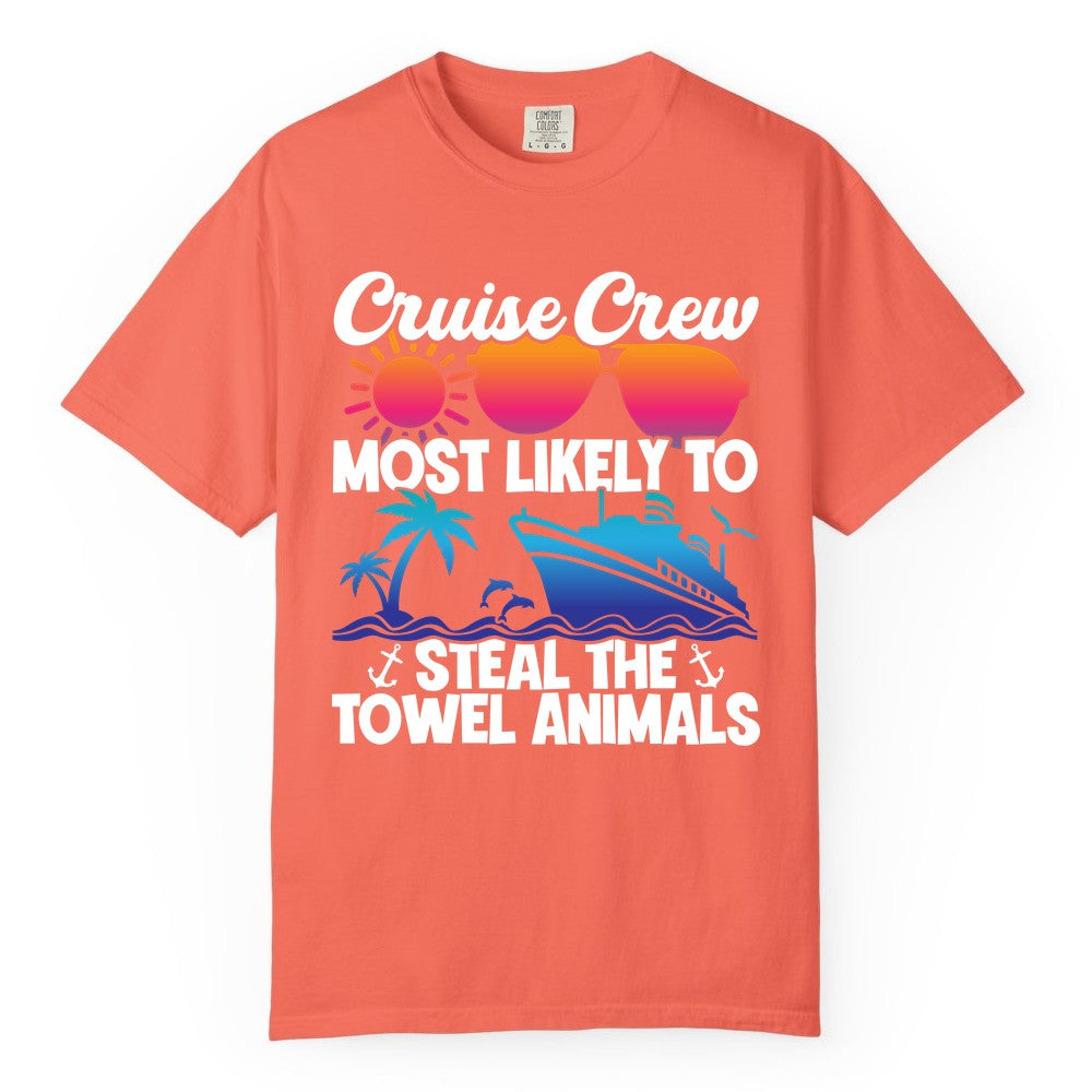 Cruise Crew Shirt - Funny Towel Animal Cruise Group Apparel (Comfort Color) in Bright Salmon - Cruise Crew Most Likely to Steal the Towel Animals Shirt