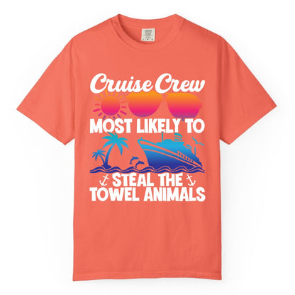 Cruise Crew Shirt - Funny Towel Animal Cruise Group Apparel (Comfort Color) in Bright Salmon - Cruise Crew Most Likely to Steal the Towel Animals Shirt