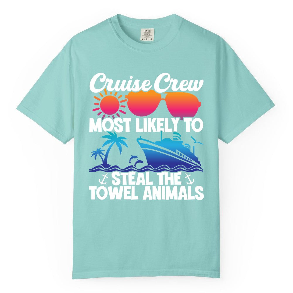 Cruise Crew Shirt - Funny Towel Animal Cruise Group Apparel (Comfort Color) in Chalky Mint - Cruise Crew Most Likely to Steal the Towel Animals Shirt