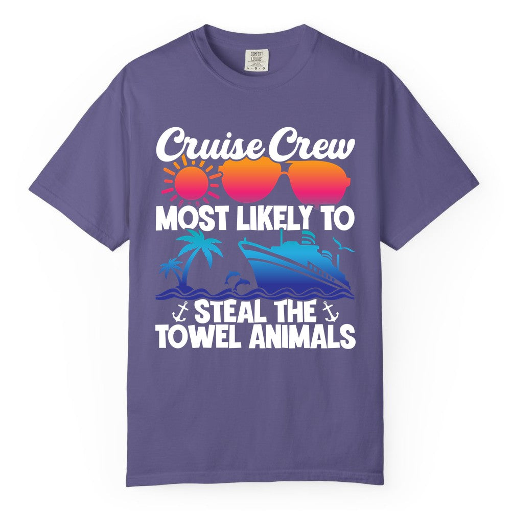 Cruise Crew Shirt - Funny Towel Animal Cruise Group Apparel (Comfort Color) in Grape - Cruise Crew Most Likely to Steal the Towel Animals Shirt