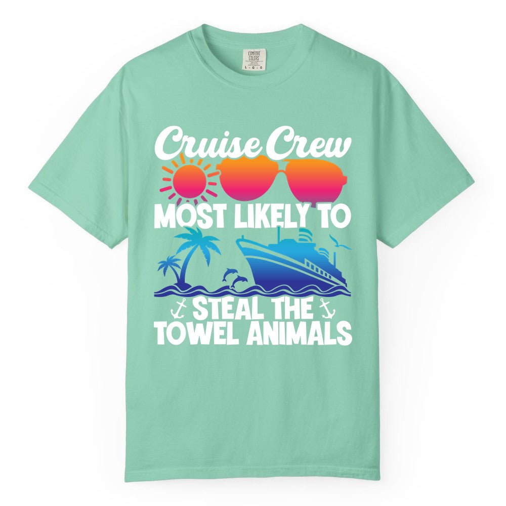 Cruise Crew Shirt - Funny Towel Animal Cruise Group Apparel (Comfort Color) in Island Reef - Cruise Crew Most Likely to Steal the Towel Animals Shirt