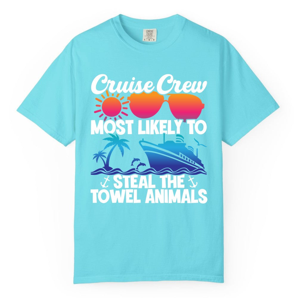 Cruise Crew Shirt - Funny Towel Animal Cruise Group Apparel (Comfort Color) in Lagoon Blue - Cruise Crew Most Likely to Steal the Towel Animals Shirt