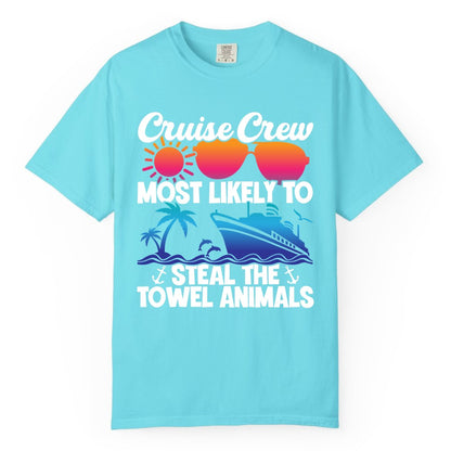Cruise Crew Shirt - Funny Towel Animal Cruise Group Apparel (Comfort Color) in Lagoon Blue - Cruise Crew Most Likely to Steal the Towel Animals Shirt