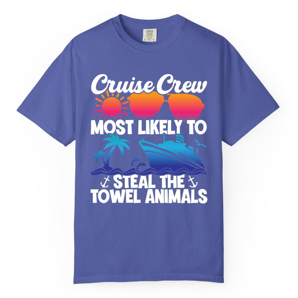 Cruise Crew Shirt - Funny Towel Animal Cruise Group Apparel (Comfort Color) in Periwinkle - Cruise Crew Most Likely to Steal the Towel Animals Shirt