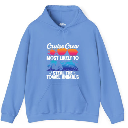 Cruise Crew Shirt - Funny Towel Animal Cruise Group Apparel (Hoodie) in Carolina Blue - Cruise Crew Most Likely to Steal the Towel Animals Shirt