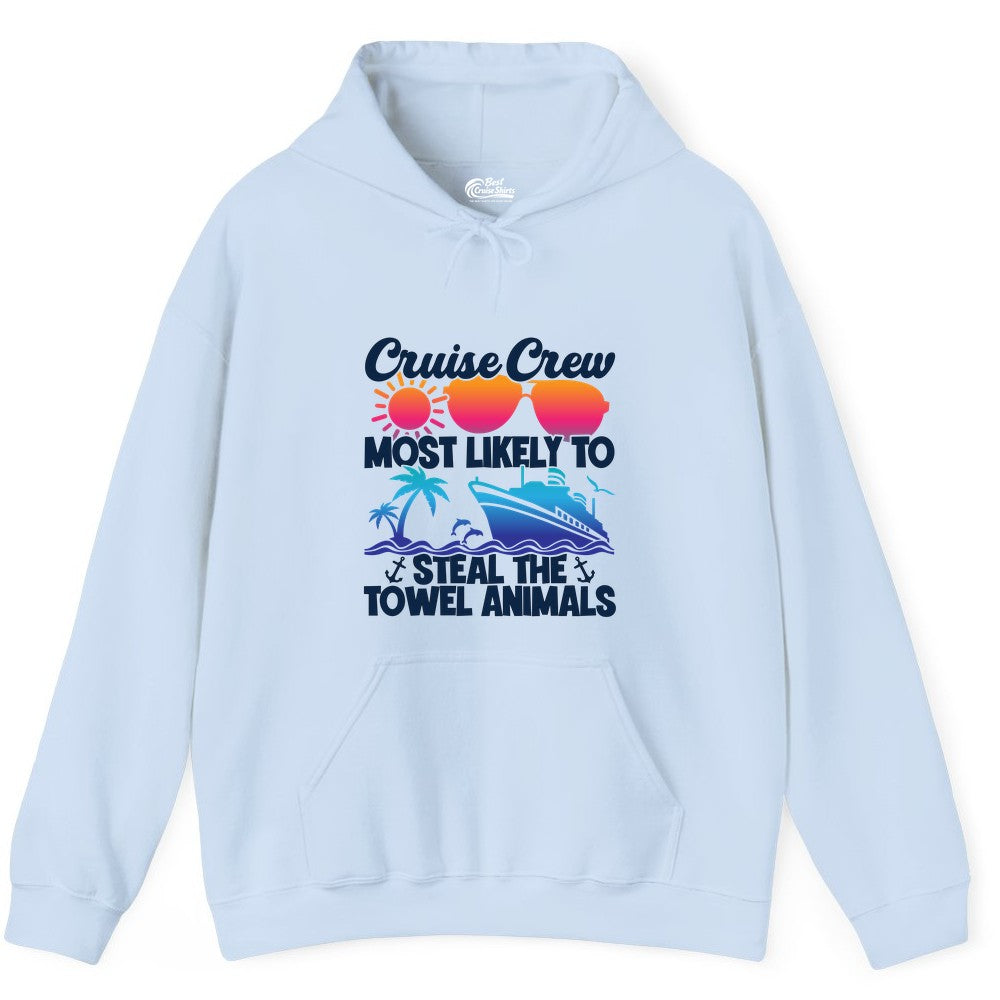 Cruise Crew Shirt - Funny Towel Animal Cruise Group Apparel (Hoodie) in Light Blue - Cruise Crew Most Likely to Steal the Towel Animals Shirt