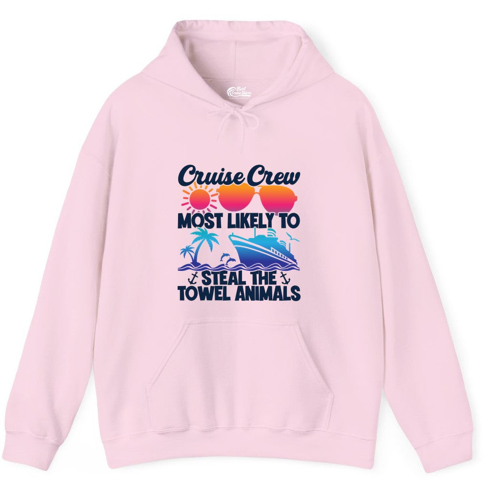 Cruise Crew Shirt - Funny Towel Animal Cruise Group Apparel (Hoodie) in Light Pink - Cruise Crew Most Likely to Steal the Towel Animals Shirt