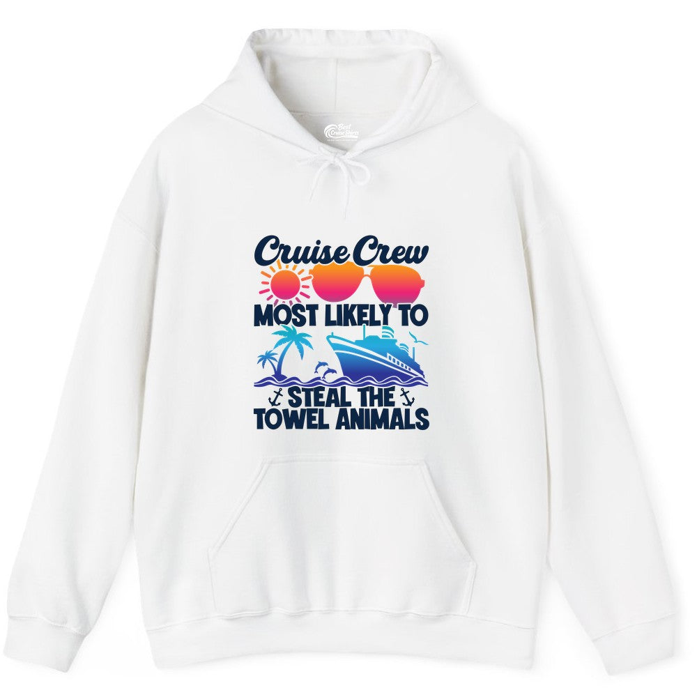Cruise Crew Shirt - Funny Towel Animal Cruise Group Apparel (Hoodie) in White - Cruise Crew Most Likely to Steal the Towel Animals Shirt