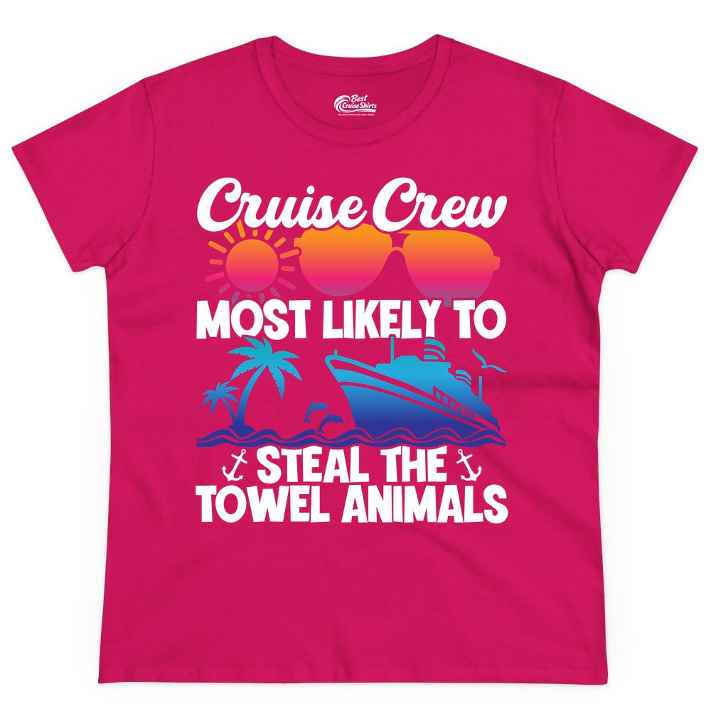 Cruise Crew Shirt - Funny Towel Animal Cruise Group Apparel (Ladies Tee) in Heliconia - Cruise Crew Most Likely to Steal the Towel Animals Shirt