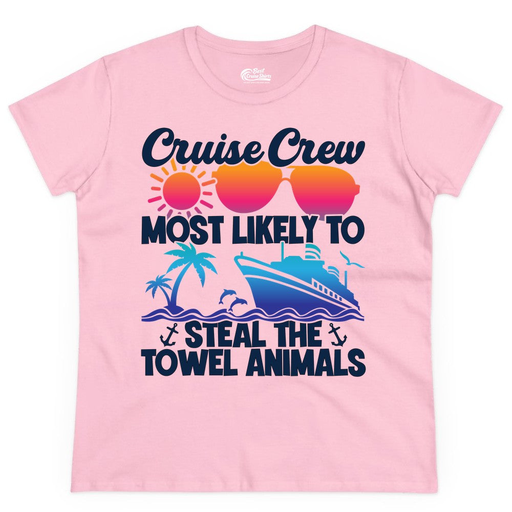 Cruise Crew Shirt - Funny Towel Animal Cruise Group Apparel (Ladies Tee) in Light Pink - Cruise Crew Most Likely to Steal the Towel Animals Shirt