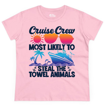 Cruise Crew Shirt - Funny Towel Animal Cruise Group Apparel (Ladies Tee) in Light Pink - Cruise Crew Most Likely to Steal the Towel Animals Shirt