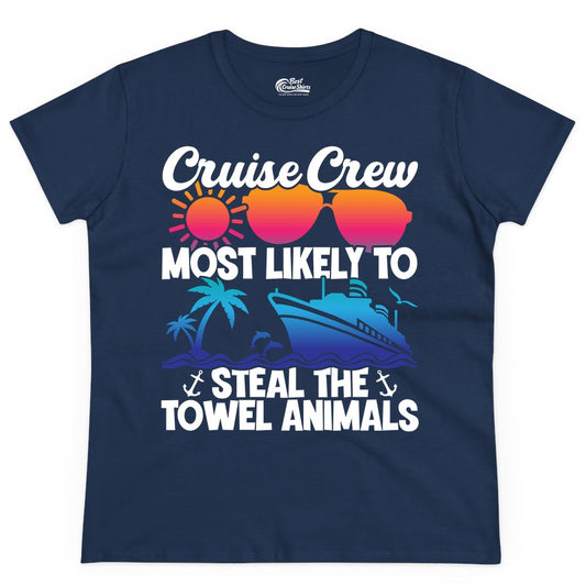 Cruise Crew Shirt - Funny Towel Animal Cruise Group Apparel (Ladies Tee) in Navy - Cruise Crew Most Likely to Steal the Towel Animals Shirt