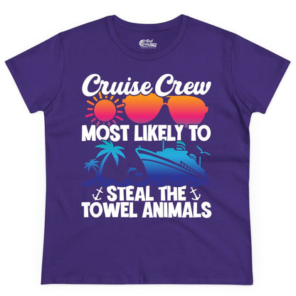 Cruise Crew Shirt - Funny Towel Animal Cruise Group Apparel (Ladies Tee) in Purple - Cruise Crew Most Likely to Steal the Towel Animals Shirt