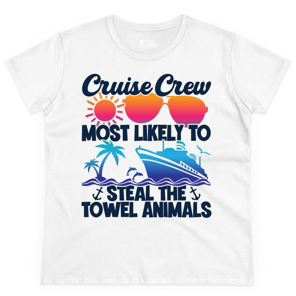 Cruise Crew Shirt - Funny Towel Animal Cruise Group Apparel (Ladies Tee) in White - Cruise Crew Most Likely to Steal the Towel Animals Shirt