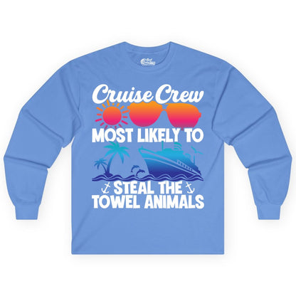 Cruise Crew Shirt - Funny Towel Animal Cruise Group Apparel (Long Sleeve) in Carolina Blue - Cruise Crew Most Likely to Steal the Towel Animals Shirt