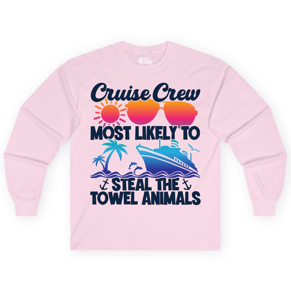 Cruise Crew Shirt - Funny Towel Animal Cruise Group Apparel (Long Sleeve) in Light Pink - Cruise Crew Most Likely to Steal the Towel Animals Shirt