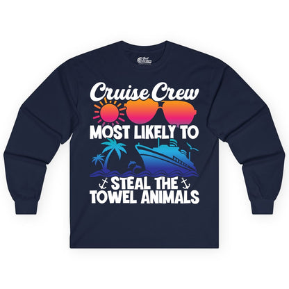 Cruise Crew Shirt - Funny Towel Animal Cruise Group Apparel (Long Sleeve) in Navy - Cruise Crew Most Likely to Steal the Towel Animals Shirt
